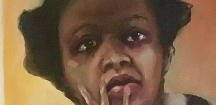 Detail, artist Rachel Jones, selfie in the style of alice neel